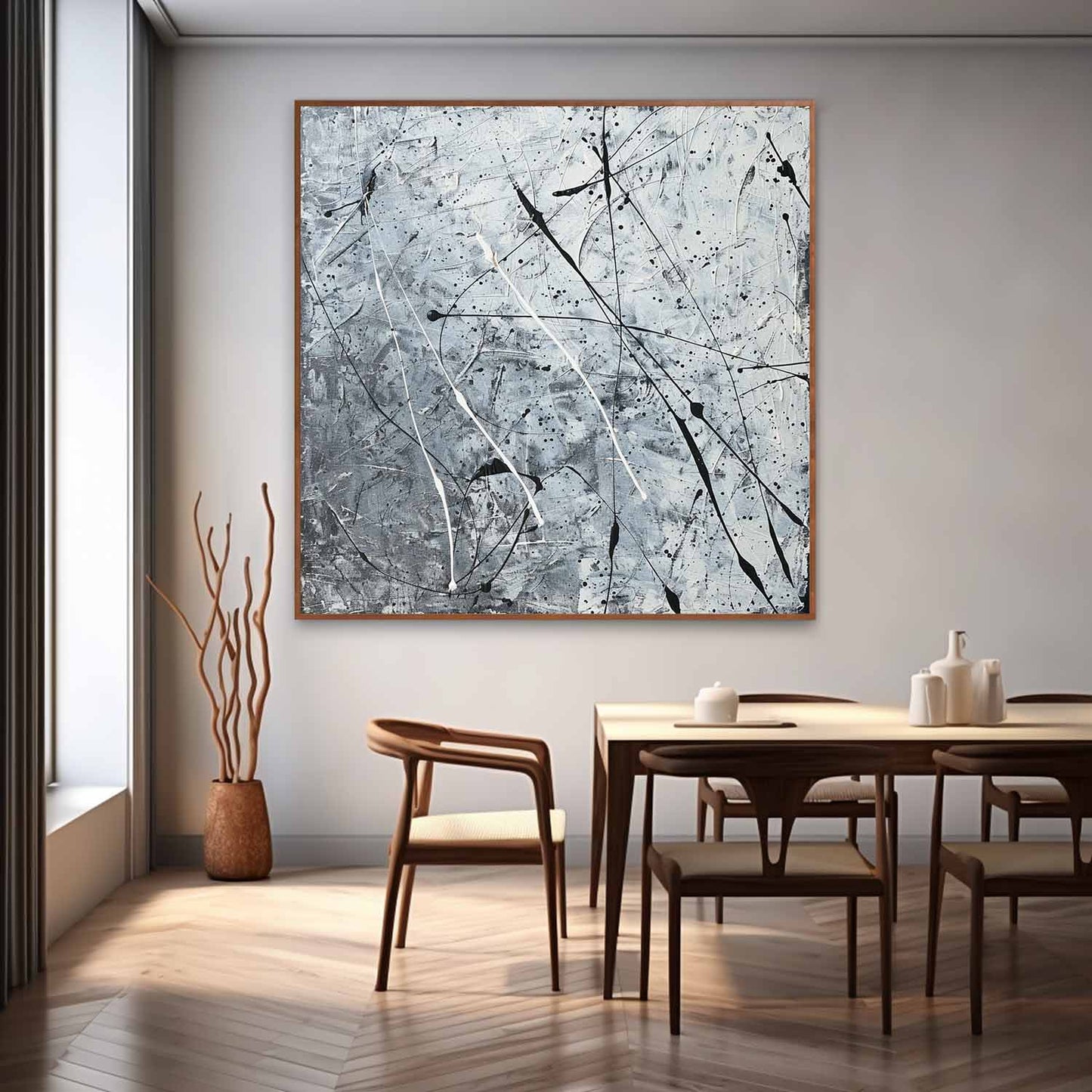 Contemporary Abstract Oil Painting with Dynamic Black and White Brushstrokes