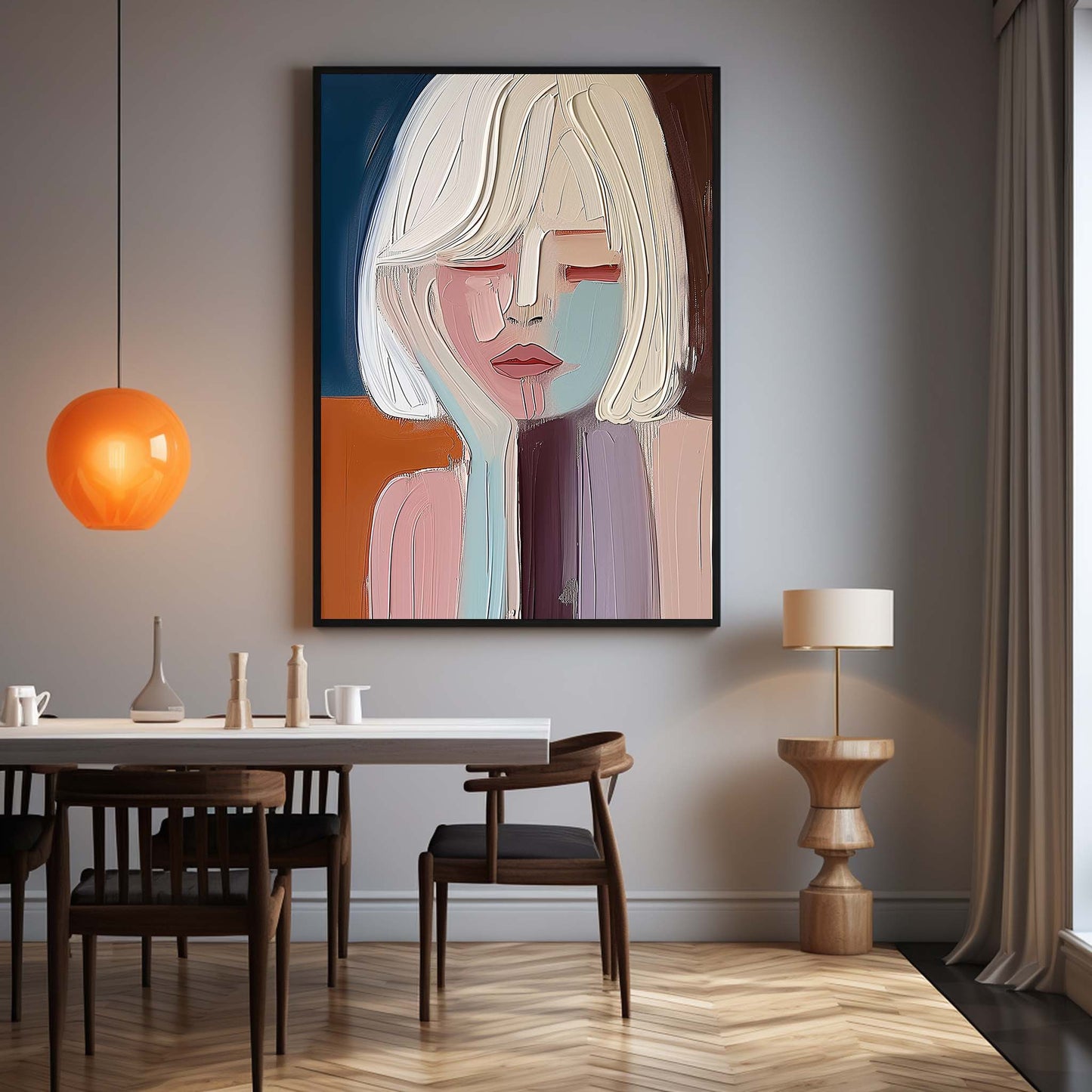 Contemporary Abstract Oil Painting of a Thoughtful Woman in Soft Colors