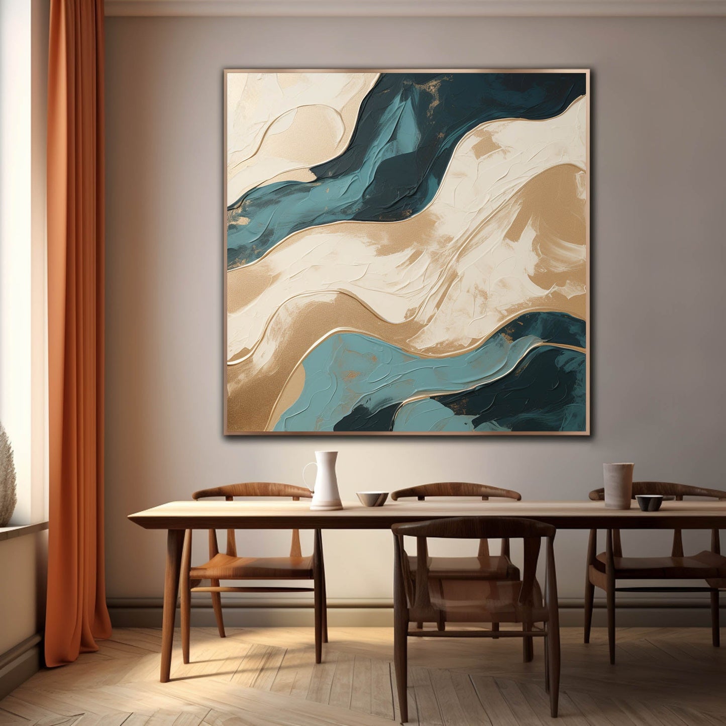 Elegant Textured Waves Oil Painting in Gold and Teal Tones