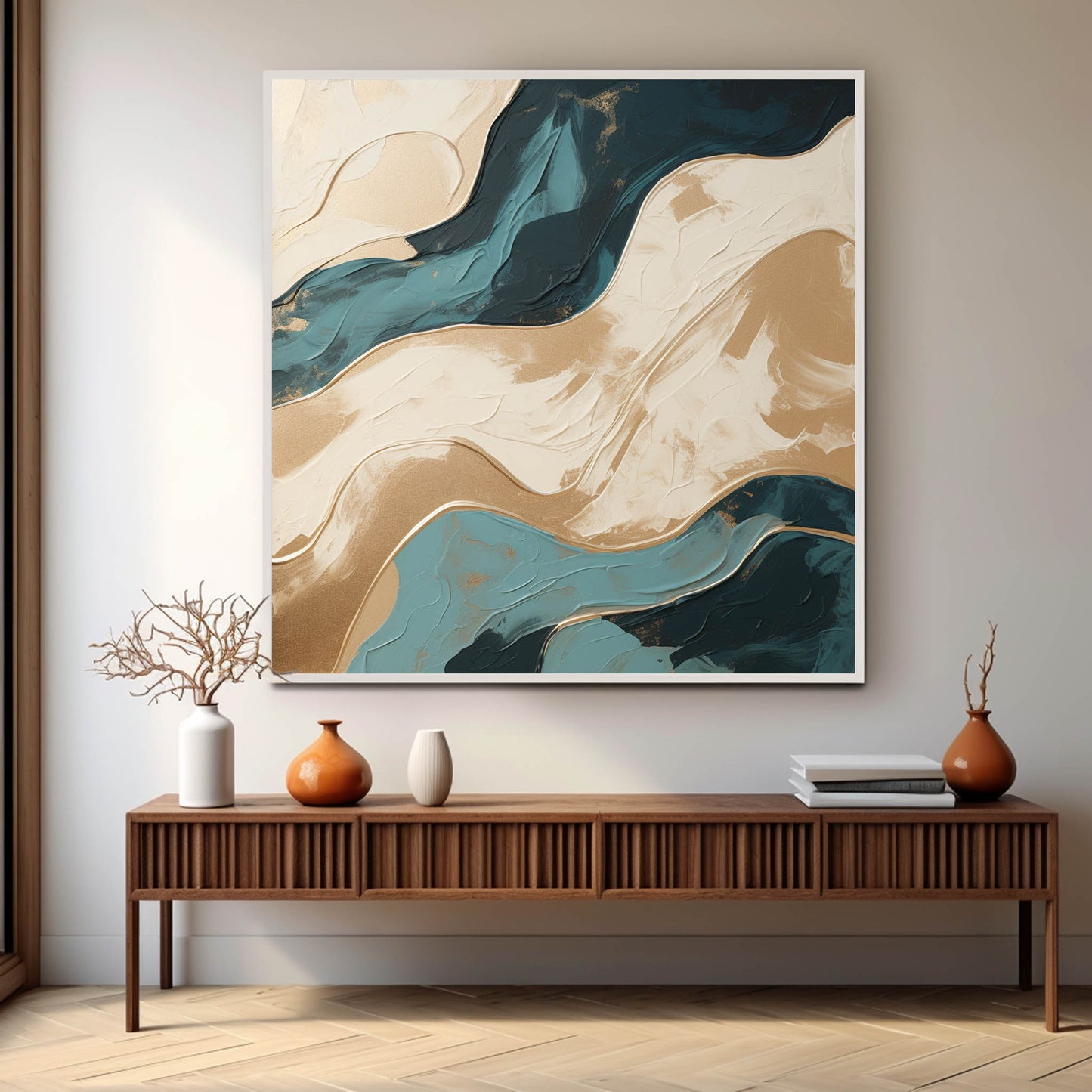 Elegant Textured Waves Oil Painting in Gold and Teal Tones
