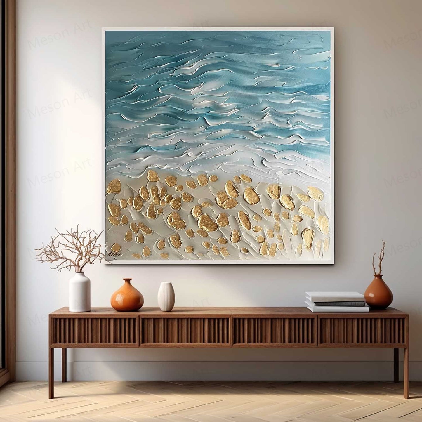 Coastal Serenity Textured Oil Painting with Waves and Golden Sand Accents
