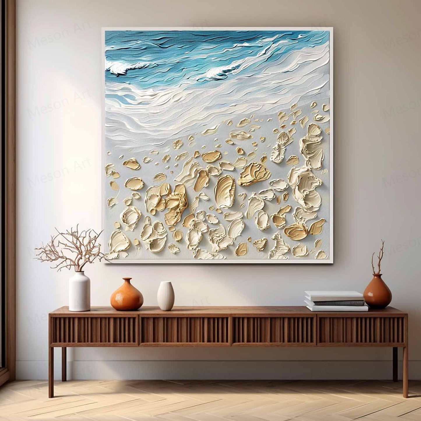 Textured Coastal Scene Oil Painting with Beach and Waves