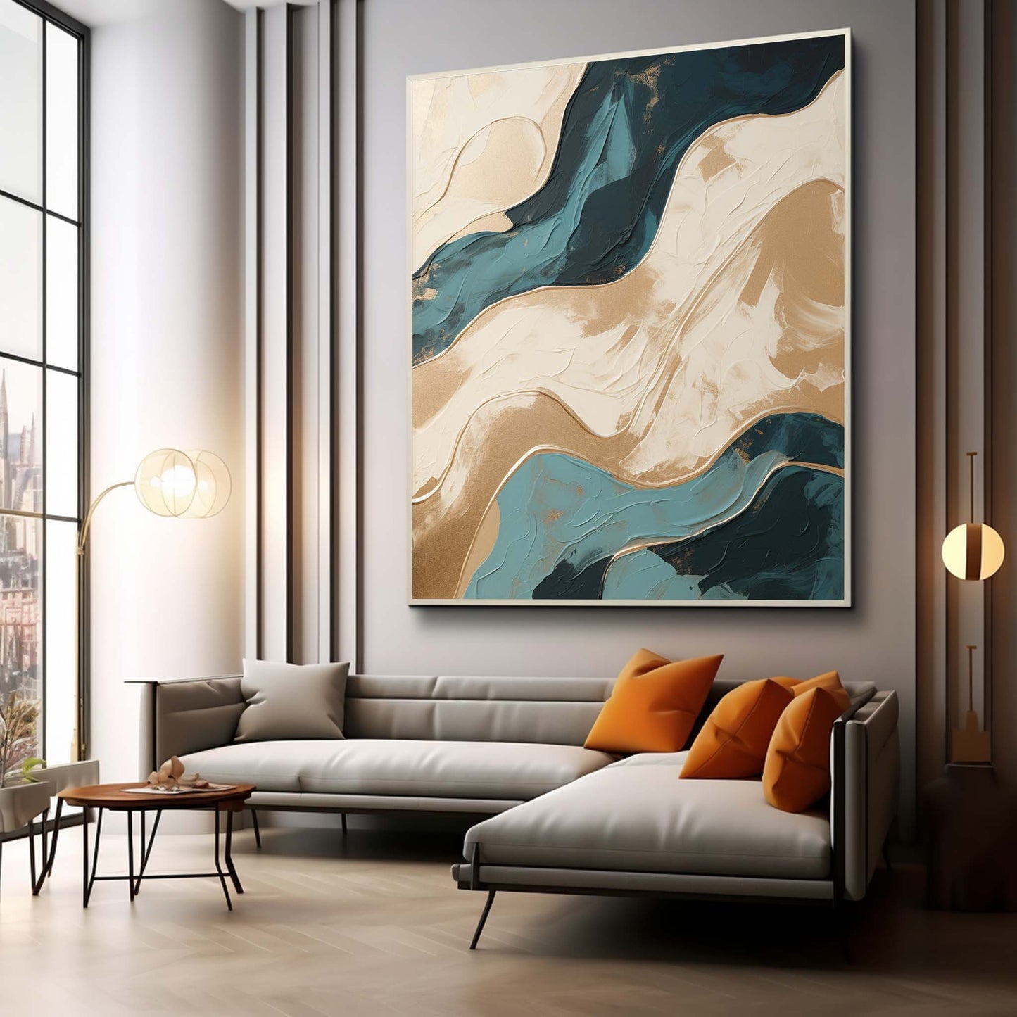 Elegant Textured Waves Oil Painting in Gold and Teal Tones