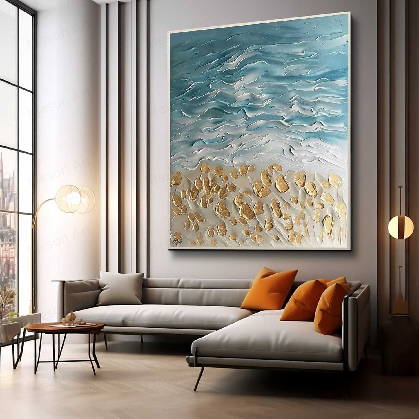 Coastal Serenity Textured Oil Painting with Waves and Golden Sand Accents