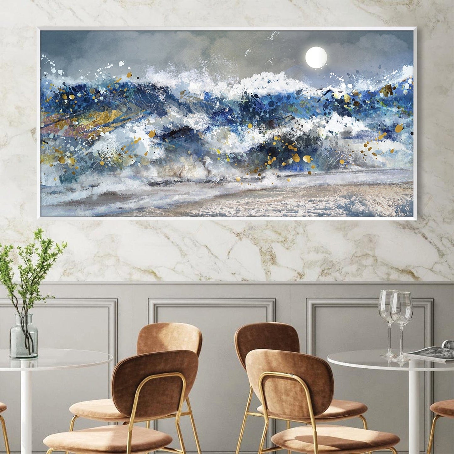 Vibrant Ocean Waves Oil Painting with Moonlit Sky