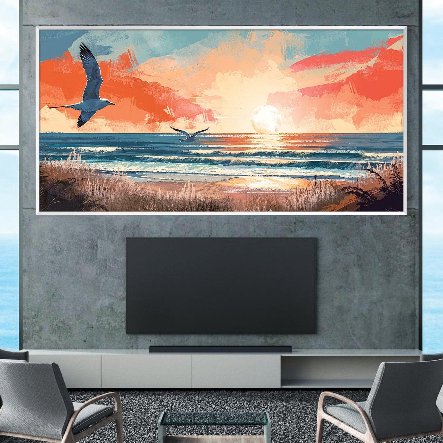Vibrant Seaside Sunrise Oil Painting with Soaring Seagulls and Ocean Waves