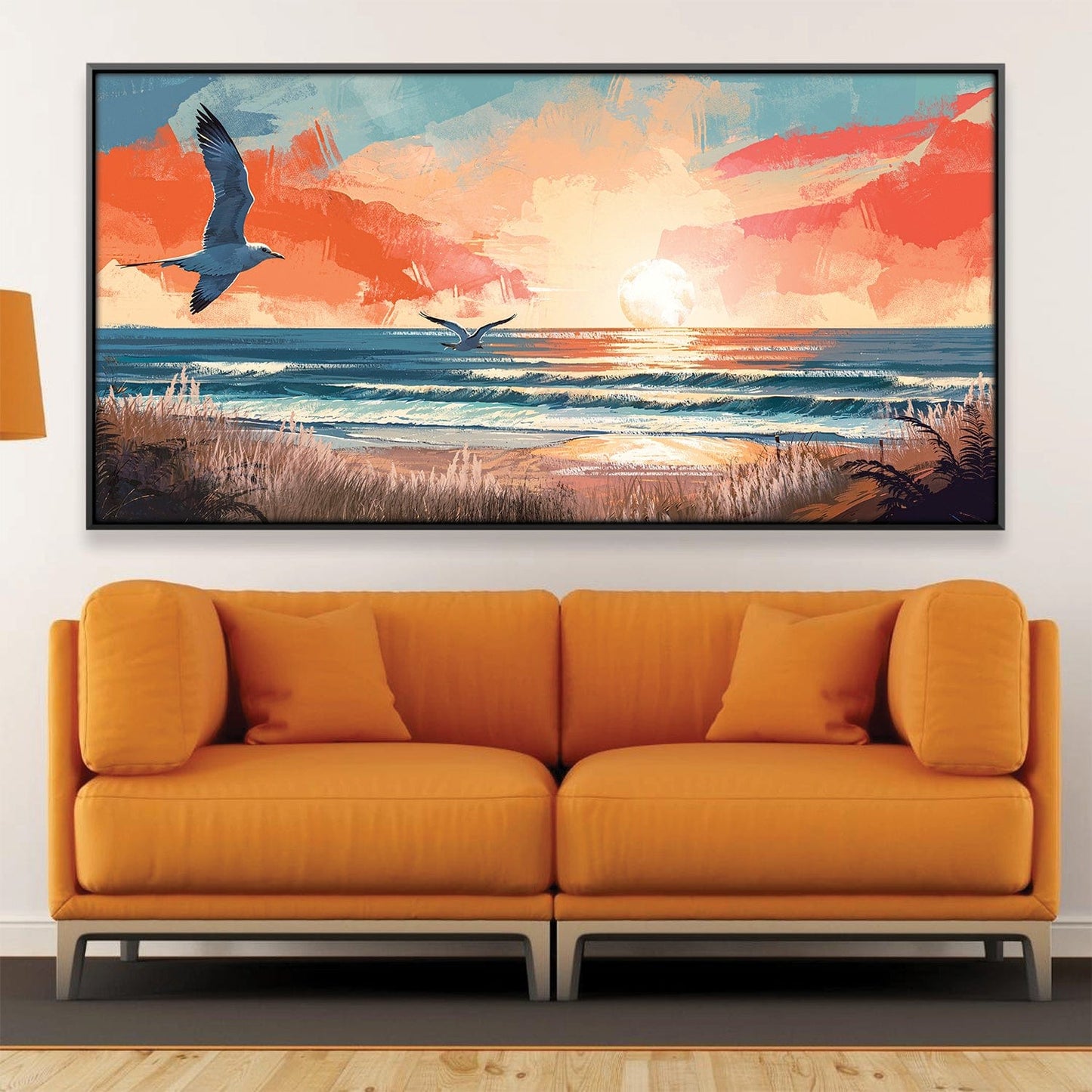 Vibrant Seaside Sunrise Oil Painting with Soaring Seagulls and Ocean Waves