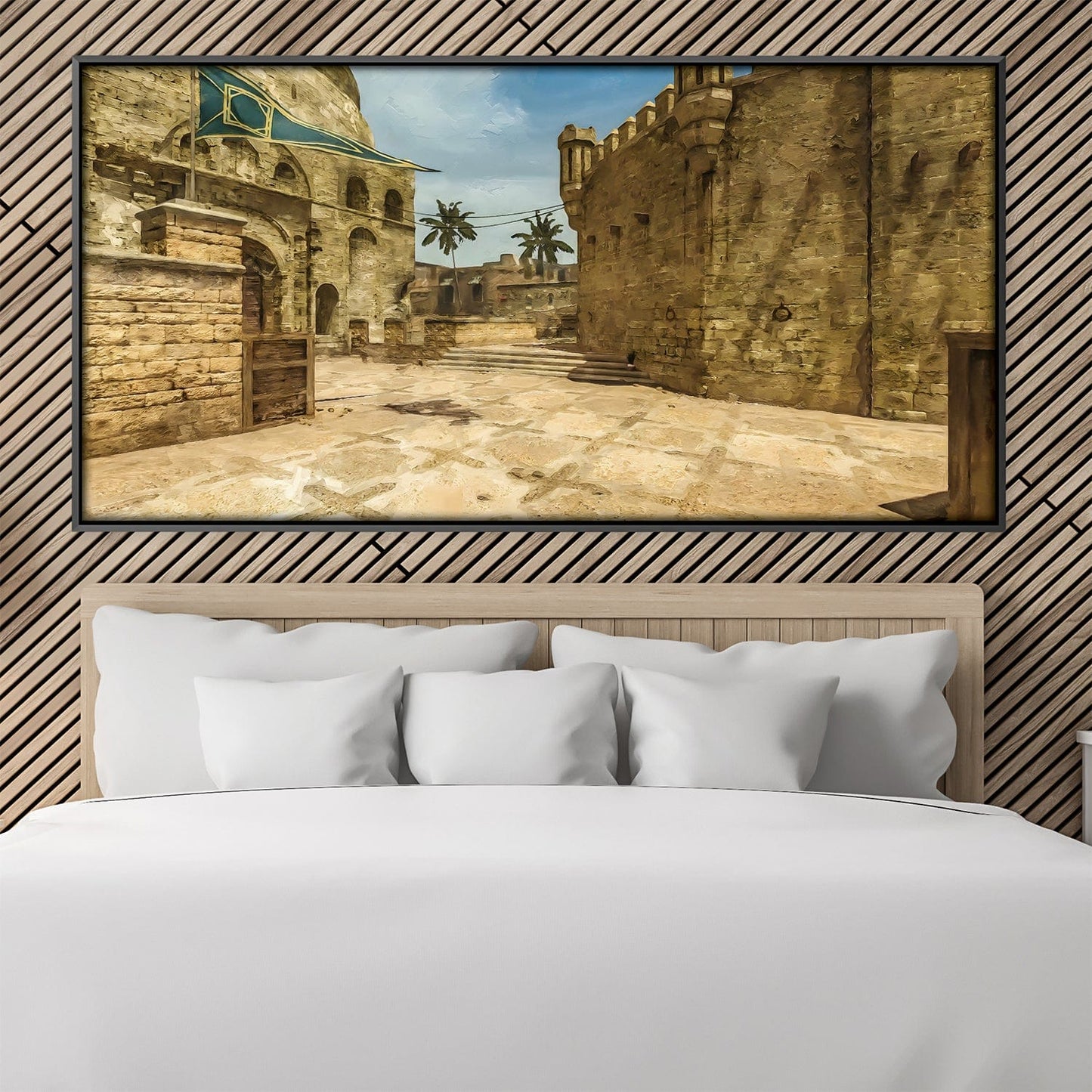 Charming Coastal Village Oil Painting with Rich Textures and Warm Tones