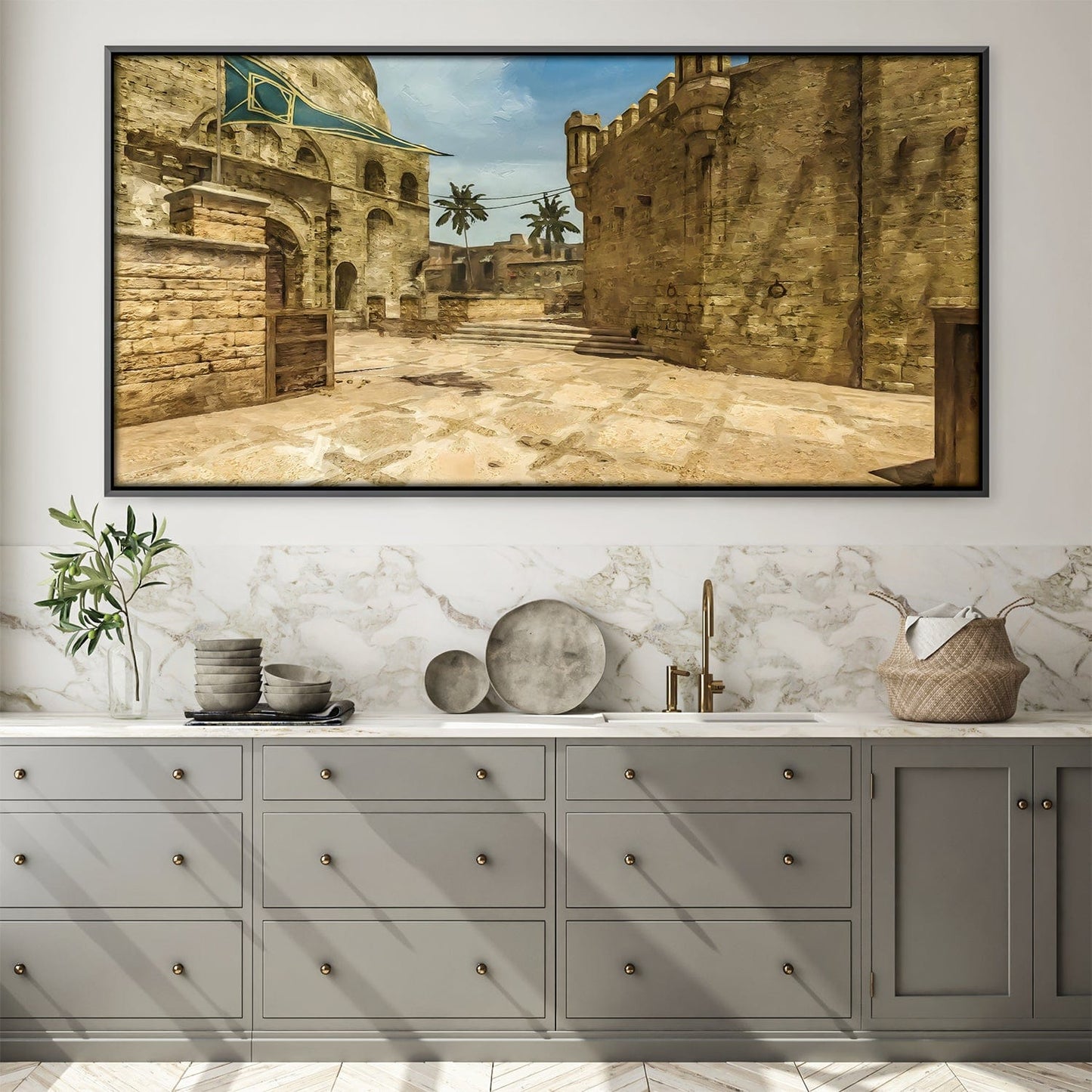 Charming Coastal Village Oil Painting with Rich Textures and Warm Tones