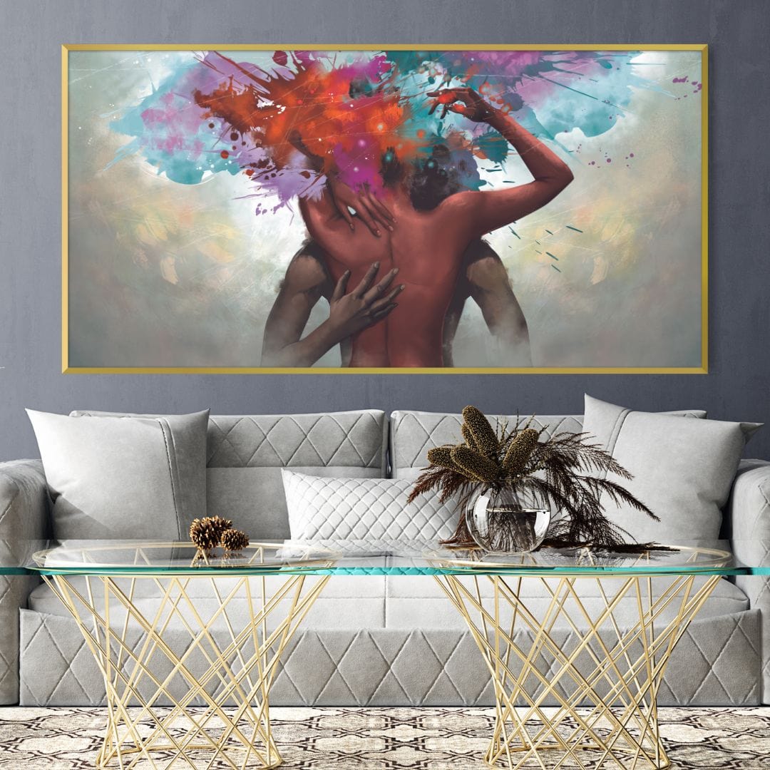 Colorful Abstract Oil Painting of Passionate Embrace and Emotional Connection