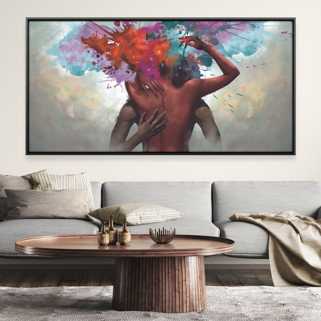 Colorful Abstract Oil Painting of Passionate Embrace and Emotional Connection
