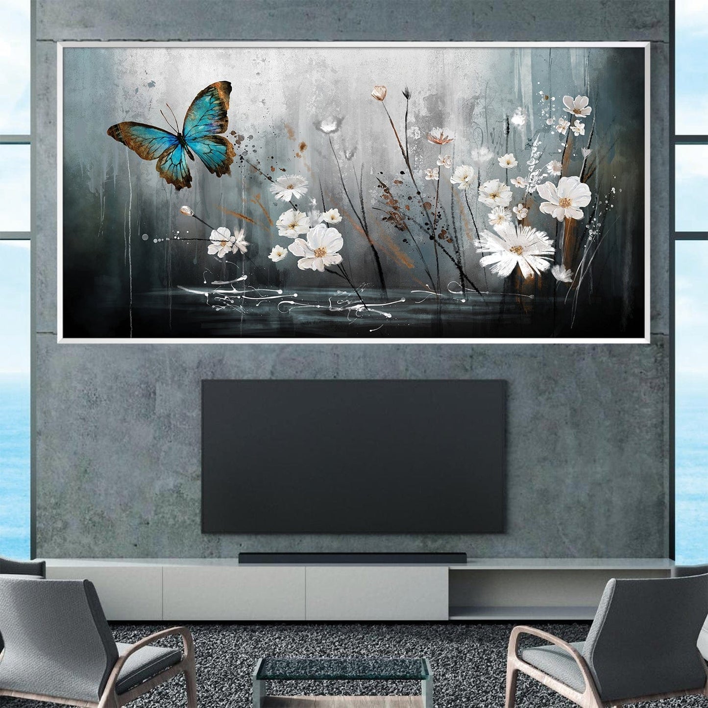 Blue Butterfly and White Flowers Oil Painting for Elegant Home Decor