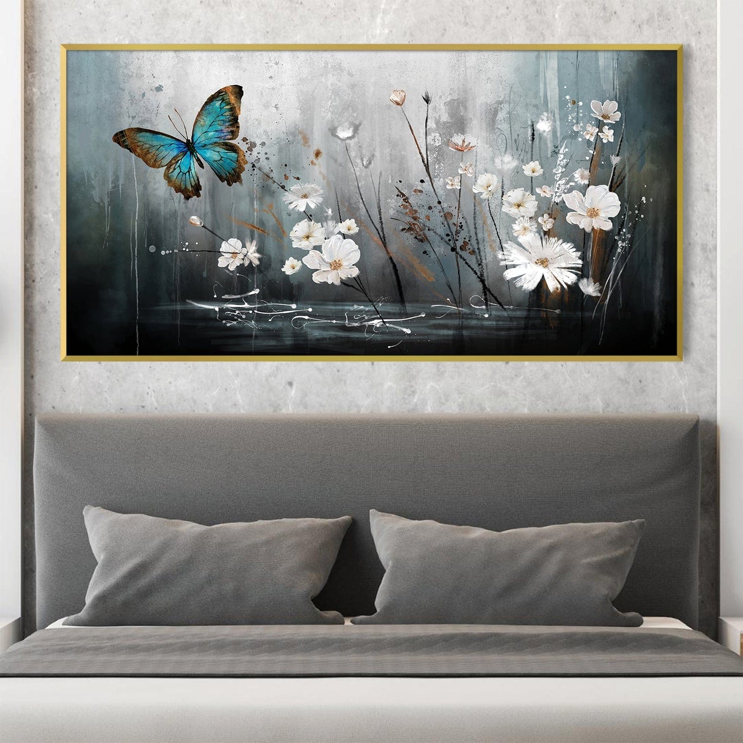Blue Butterfly and White Flowers Oil Painting for Elegant Home Decor