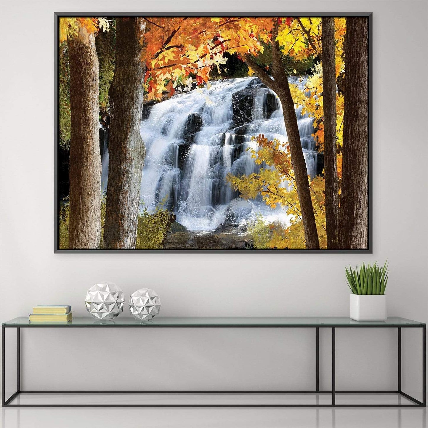 Tranquil Autumn Waterfall Oil Painting for Serene Home Decor