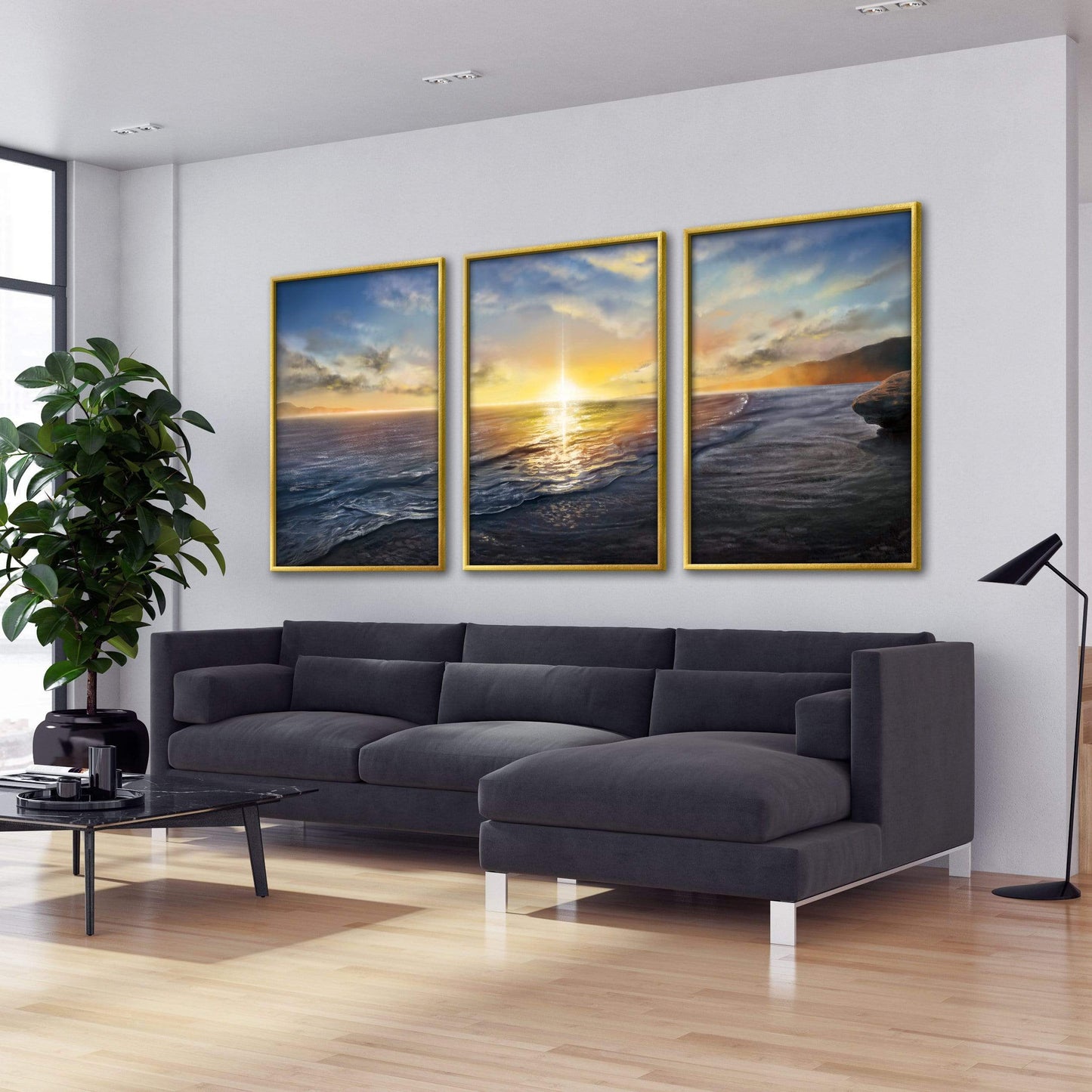 Tranquil Ocean Sunset Triptych Canvas Art for Serene Home Decor