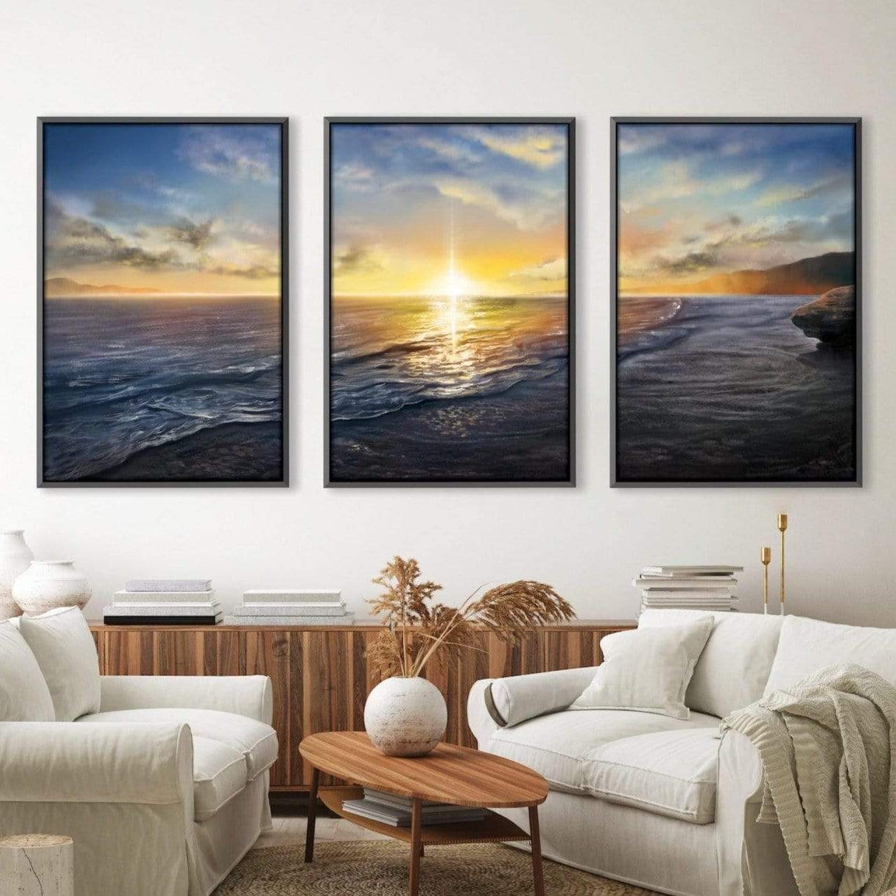 Tranquil Ocean Sunset Triptych Canvas Art for Serene Home Decor