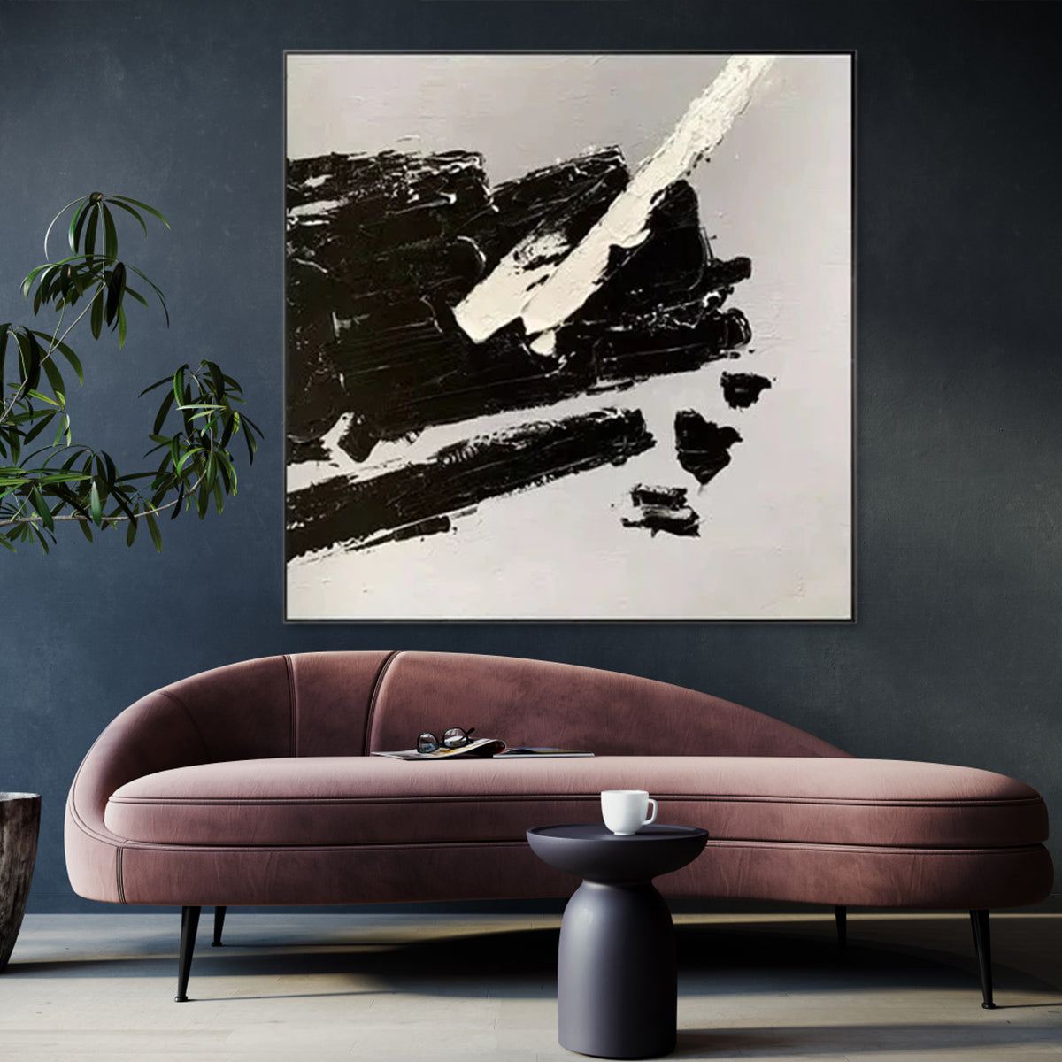Modern Abstract Oil Painting in Black and White - Striking Minimalist Art