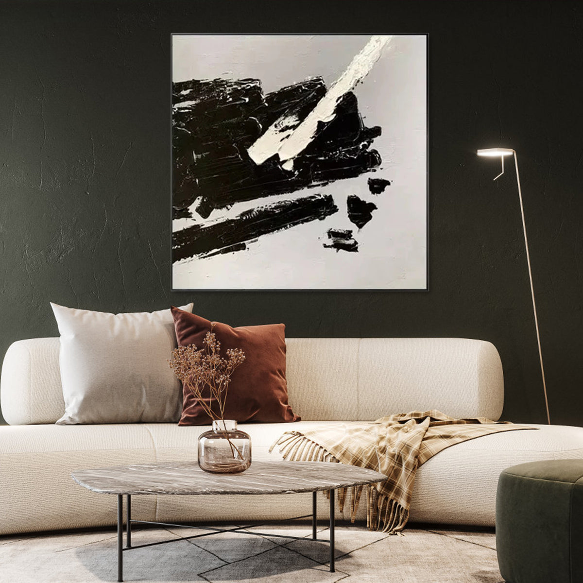 Modern Abstract Oil Painting in Black and White - Striking Minimalist Art
