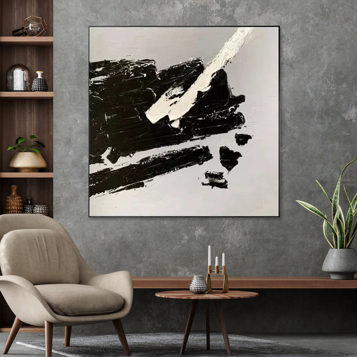 Modern Abstract Oil Painting in Black and White - Striking Minimalist Art