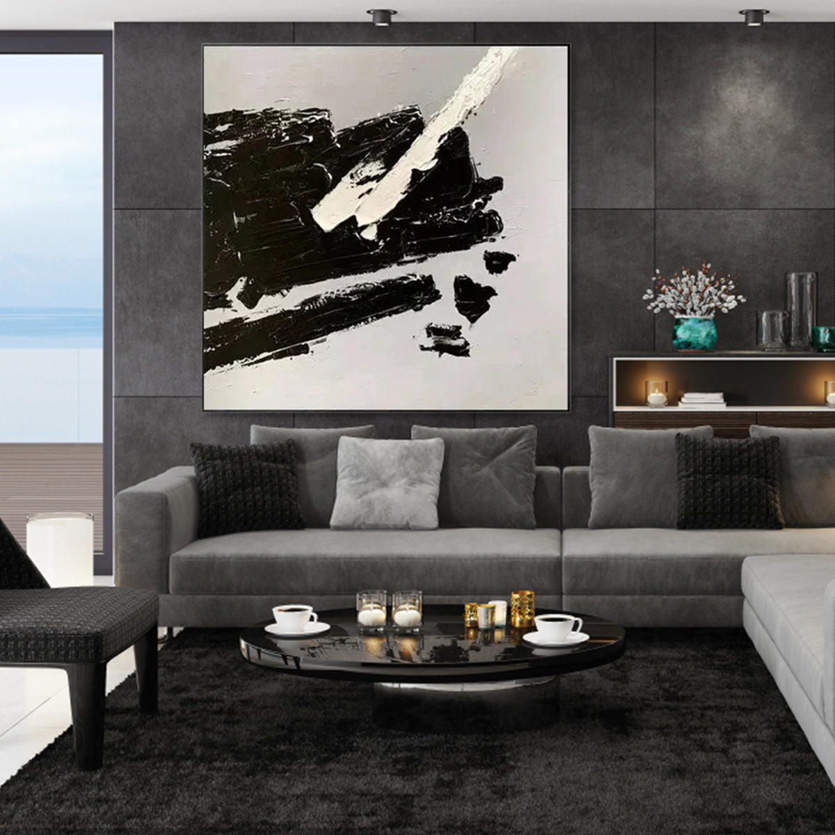 Modern Abstract Oil Painting in Black and White - Striking Minimalist Art