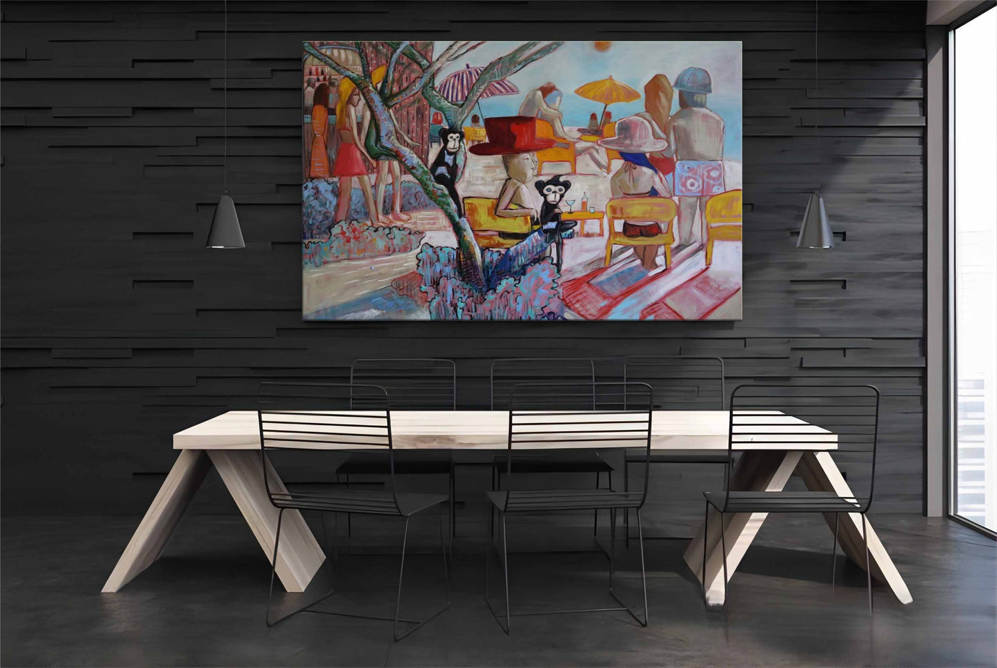 Whimsical Beach Scene with Monkeys and Colorful Umbrellas - Unique Pop Art Oil Painting
