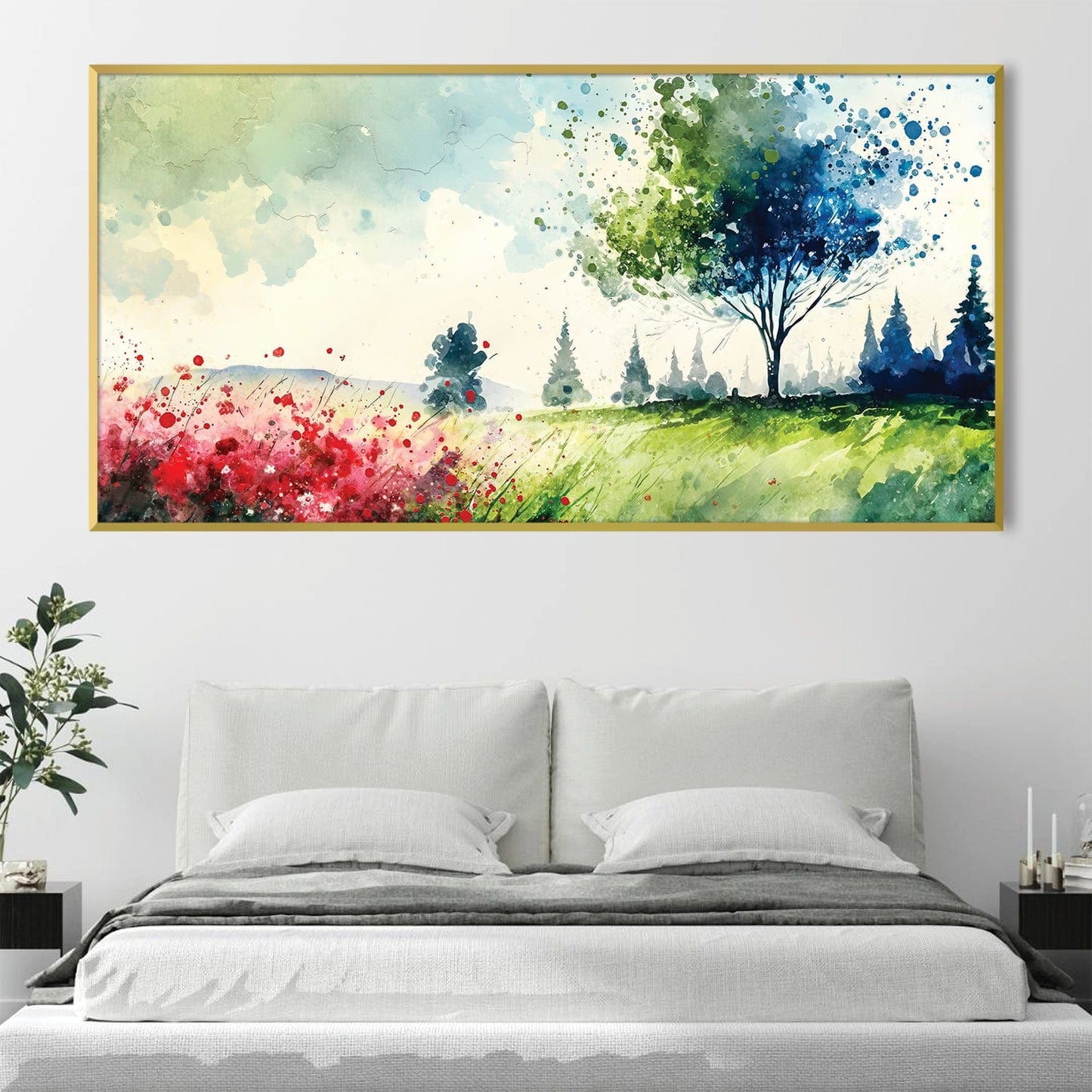 Vibrant Landscape Oil Painting of Meandering Meadows and Lush Greenery