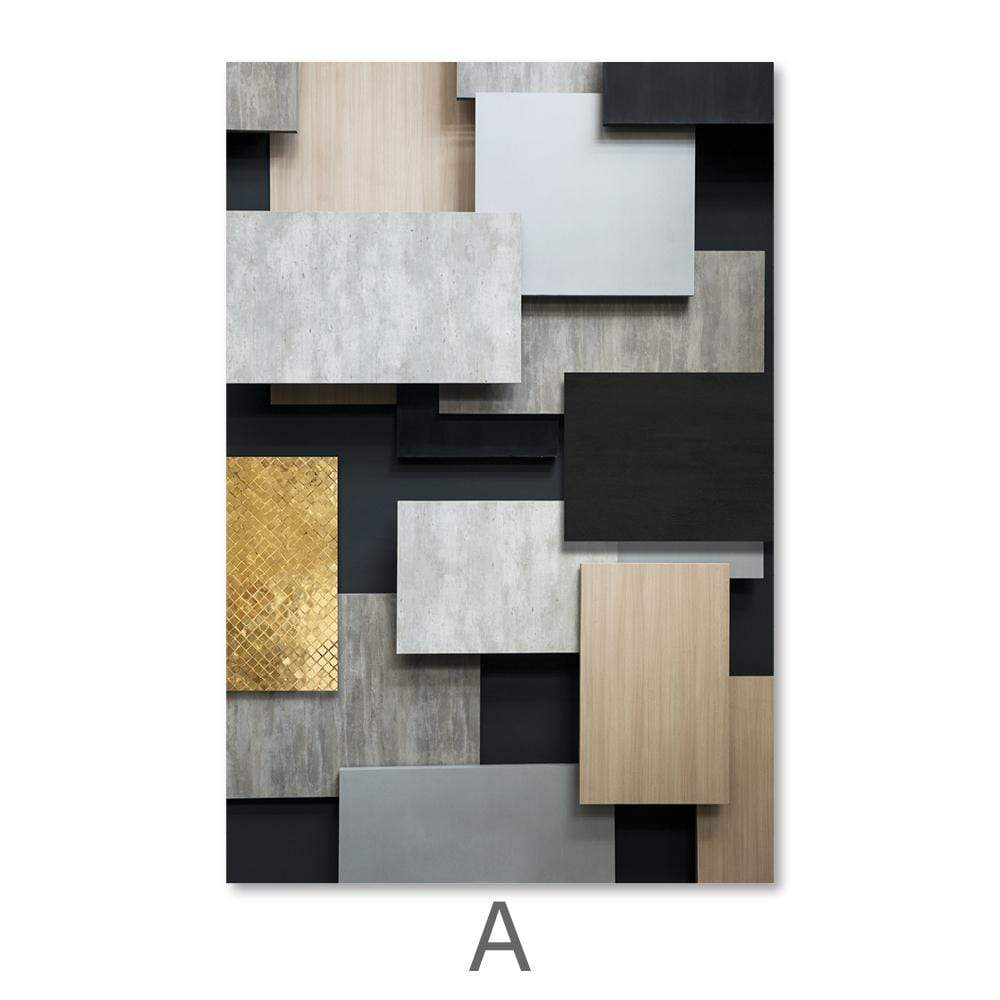 Modern Abstract Geometric Oil Painting in Black, Gold, and Gray Tones for Chic Decor