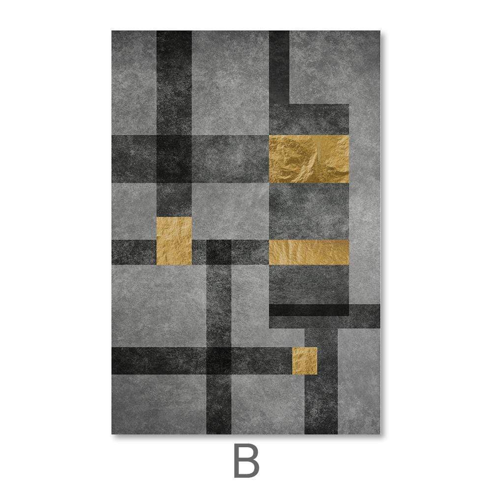 Modern Abstract Geometric Oil Painting in Black, Gold, and Gray Tones for Chic Decor