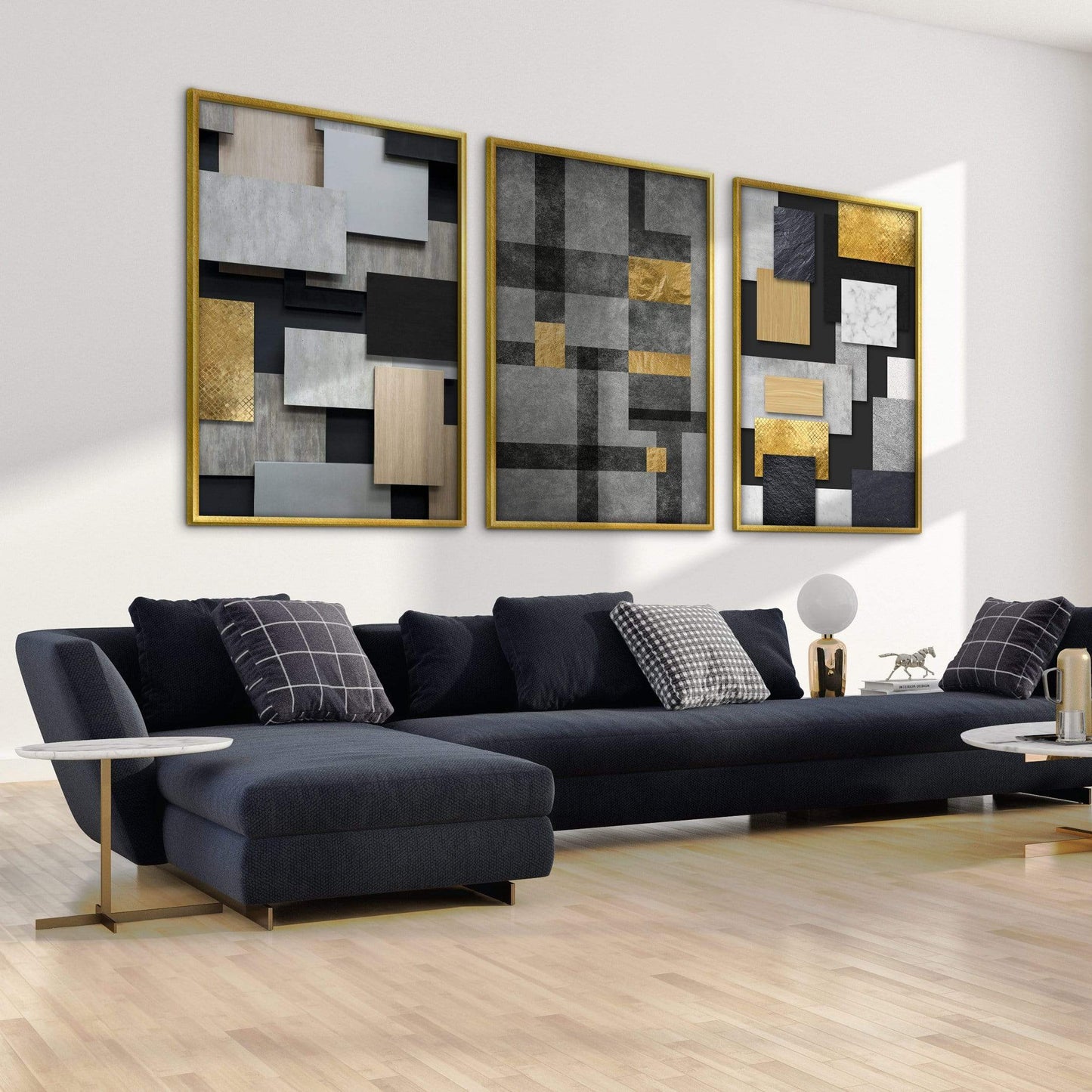 Modern Abstract Geometric Oil Painting in Black, Gold, and Gray Tones for Chic Decor