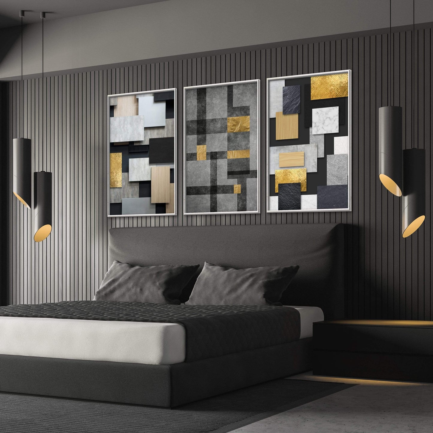 Modern Abstract Geometric Oil Painting in Black, Gold, and Gray Tones for Chic Decor