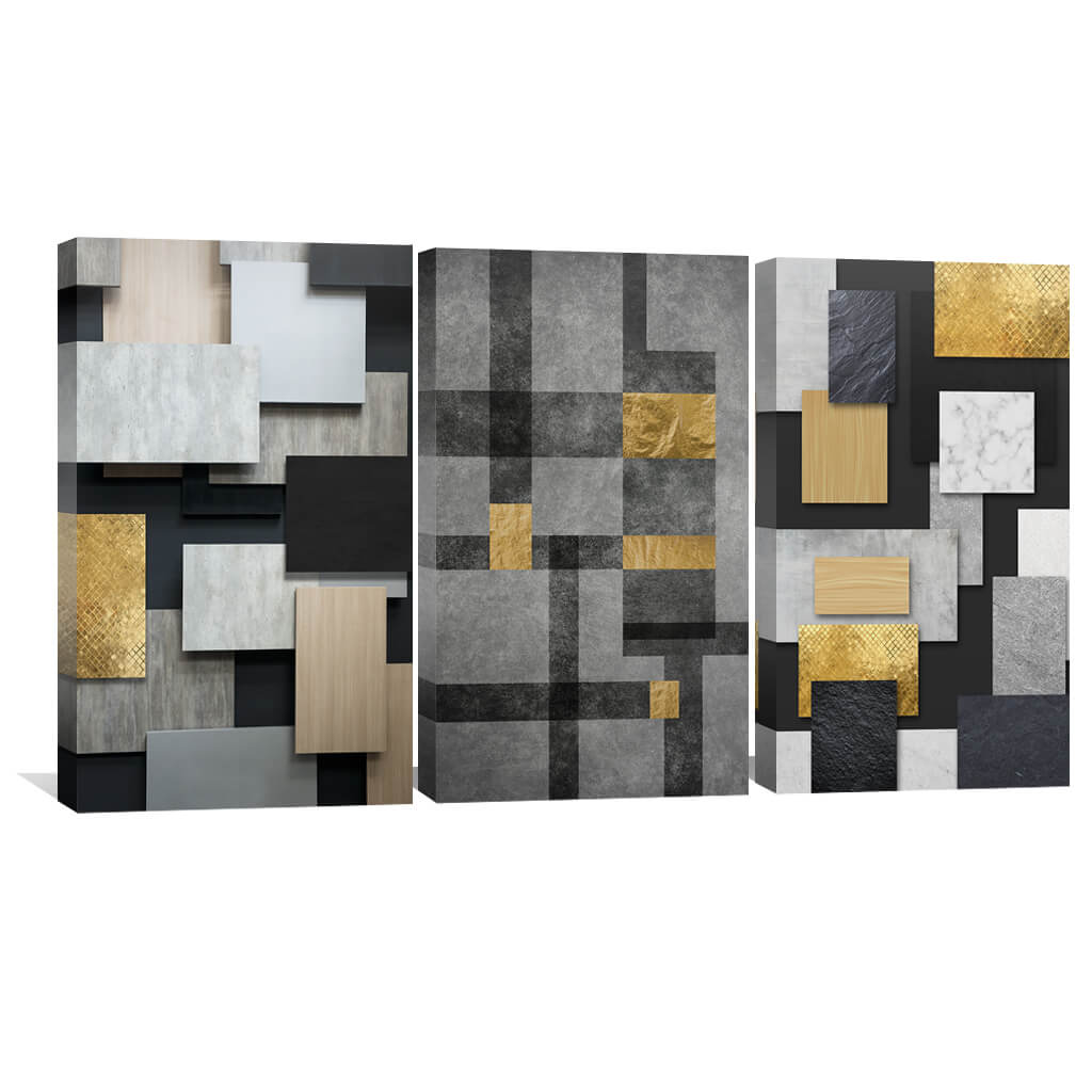 Modern Abstract Geometric Oil Painting in Black, Gold, and Gray Tones for Chic Decor