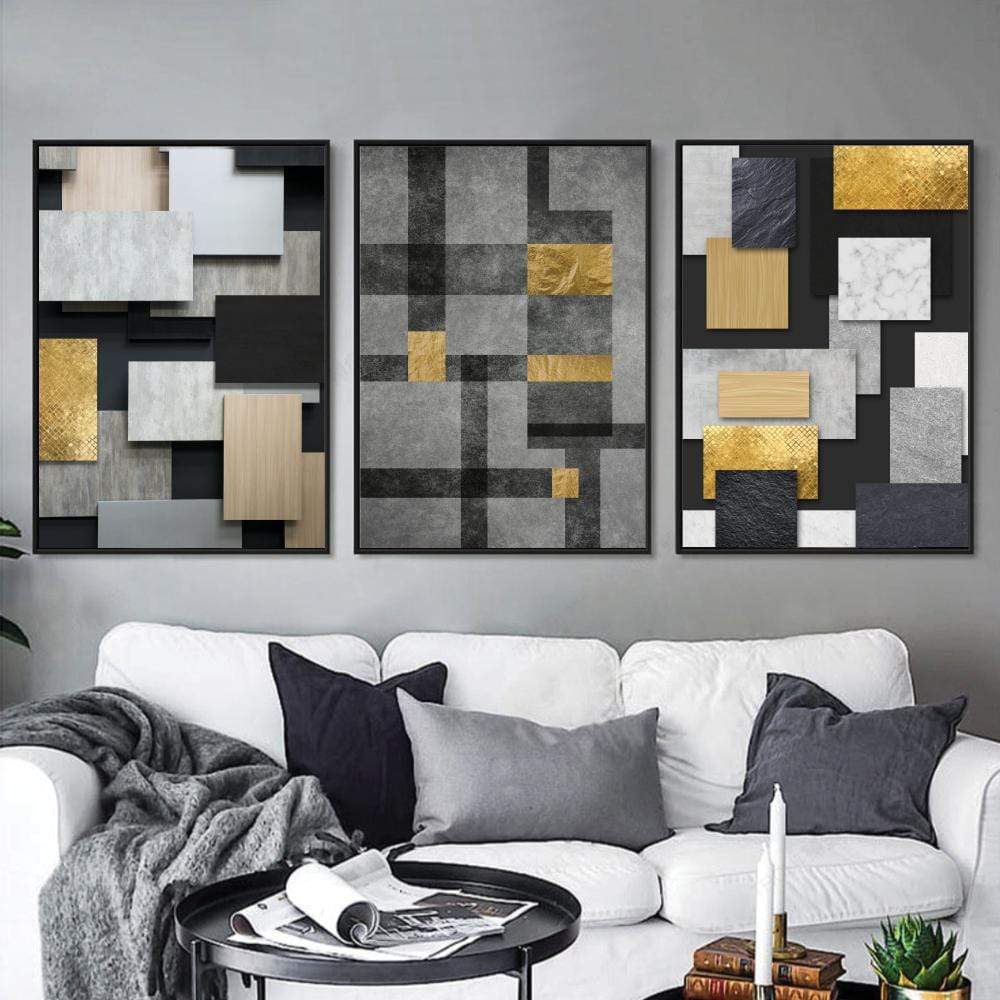 Modern Abstract Geometric Oil Painting in Black, Gold, and Gray Tones for Chic Decor