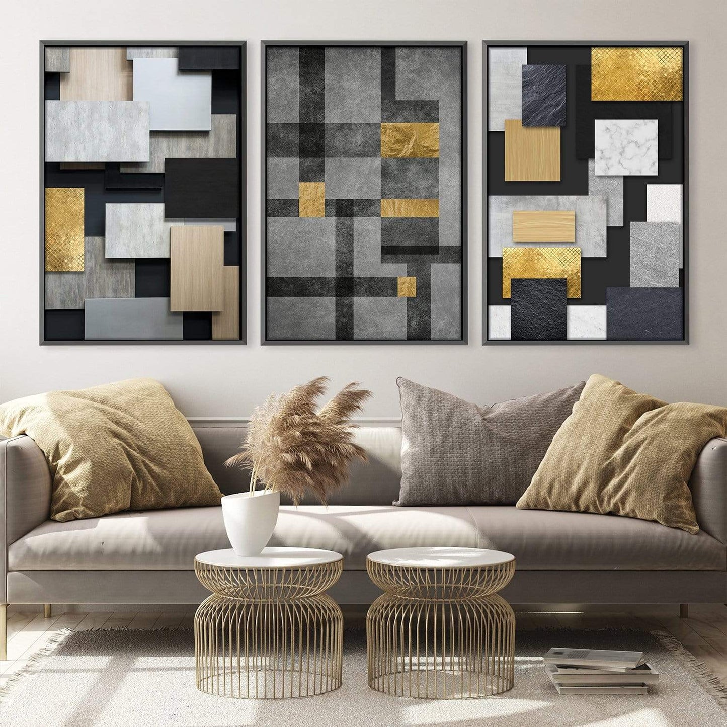 Modern Abstract Geometric Oil Painting in Black, Gold, and Gray Tones for Chic Decor