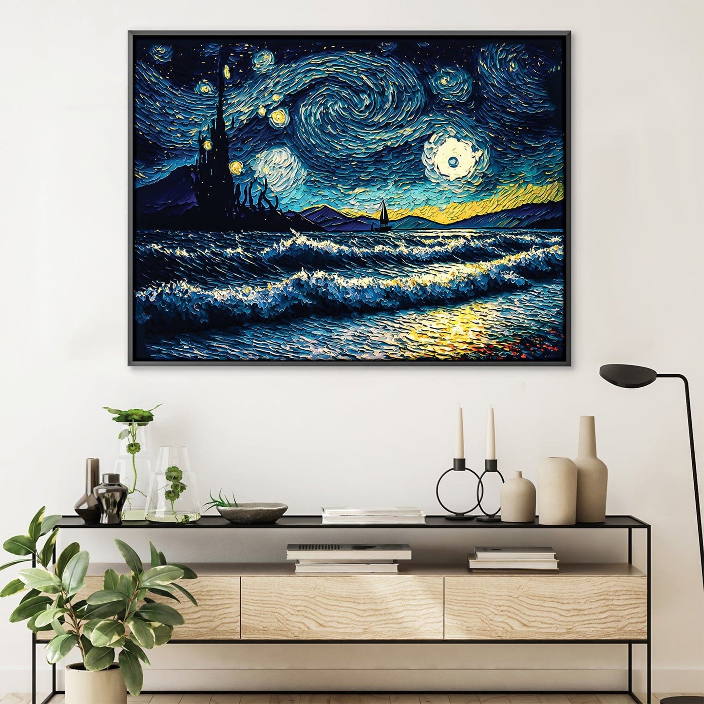 Vibrant Starry Night Oil Painting with Waves and Moonlight
