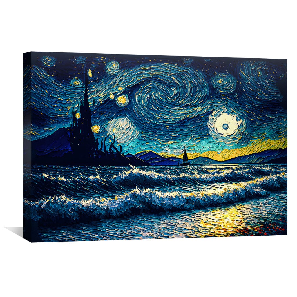 Vibrant Starry Night Oil Painting with Waves and Moonlight