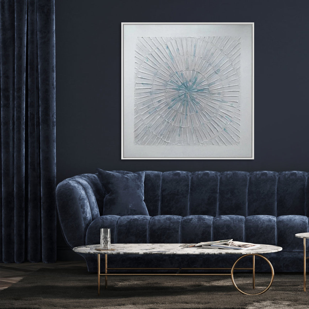 Elegant Abstract Oil Painting of Fireworks in Soft Blue and White Tones