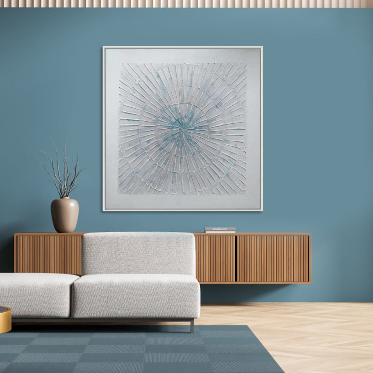 Elegant Abstract Oil Painting of Fireworks in Soft Blue and White Tones
