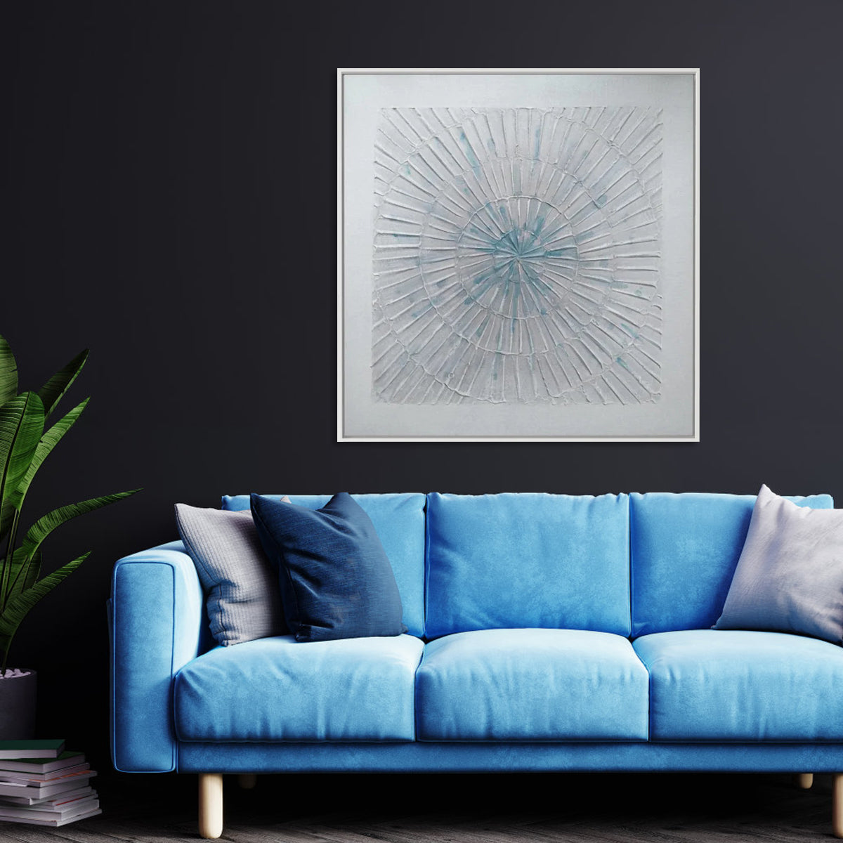 Elegant Abstract Oil Painting of Fireworks in Soft Blue and White Tones