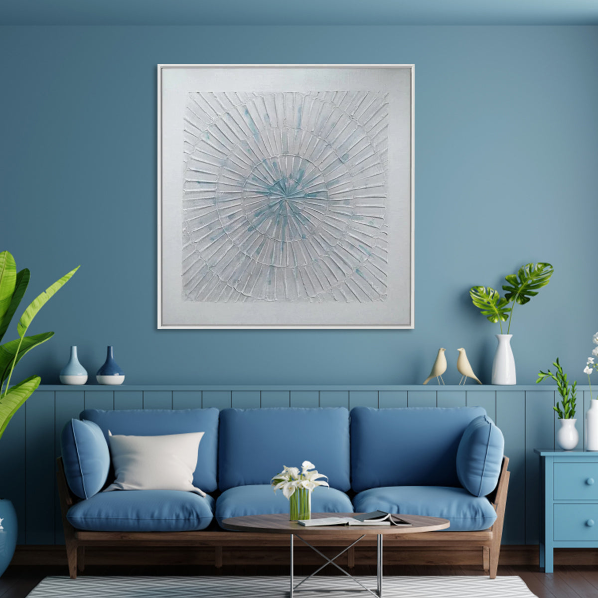 Elegant Abstract Oil Painting of Fireworks in Soft Blue and White Tones