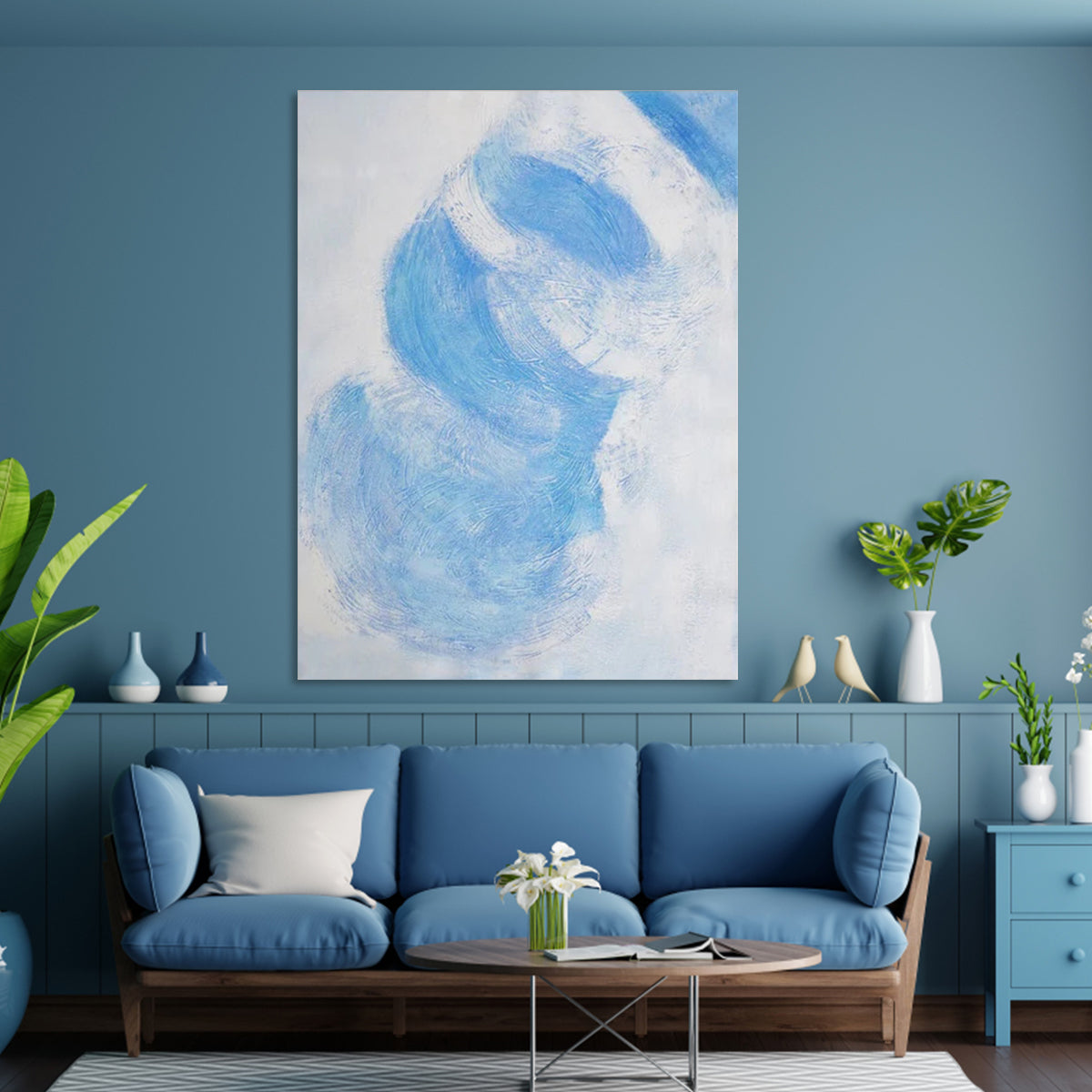 Abstract Blue Swirls: Serene Oil Painting for Modern Home Decor