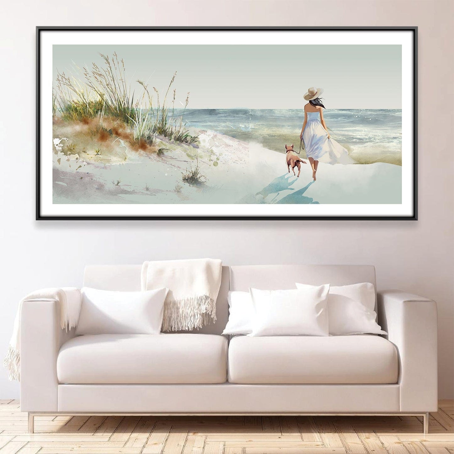 Relaxing Seaside Stroll Canvas Art - Serene Beach Landscape with Dog
