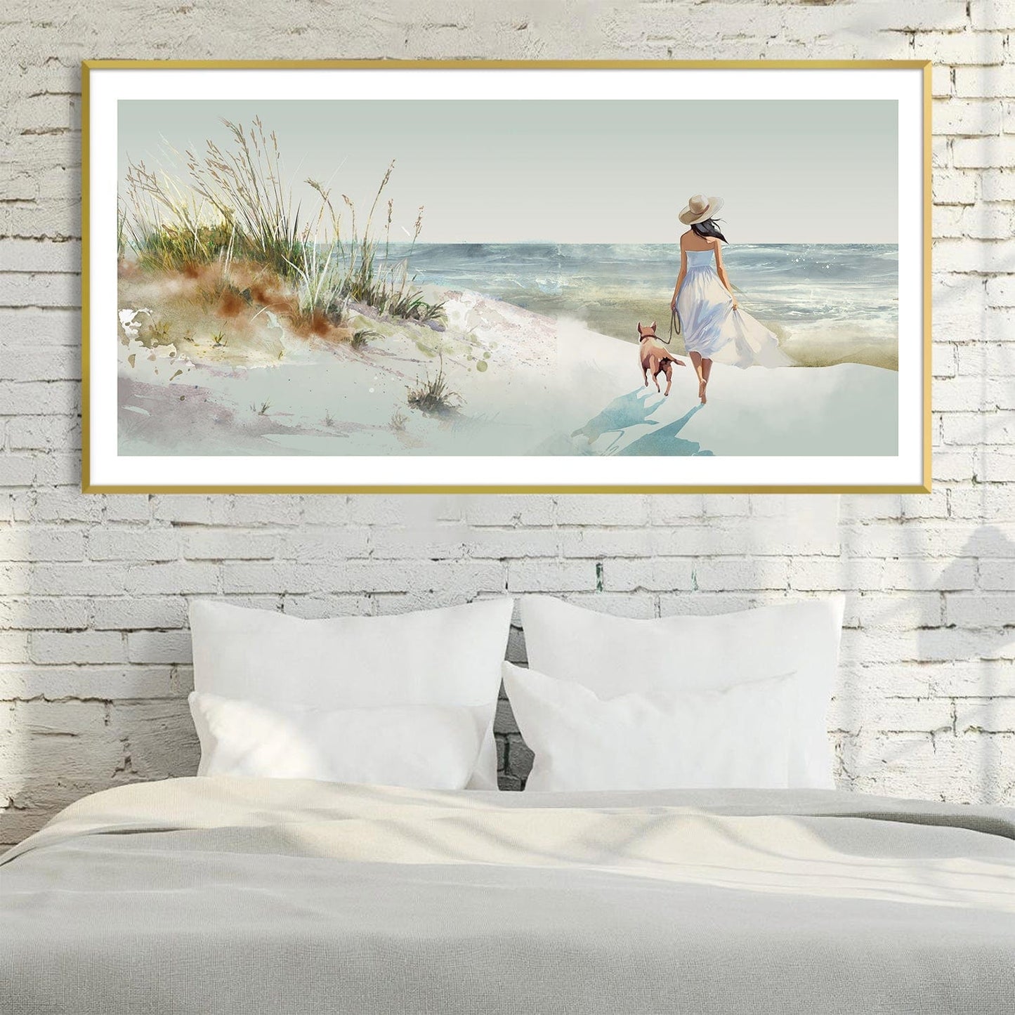 Relaxing Seaside Stroll Canvas Art - Serene Beach Landscape with Dog