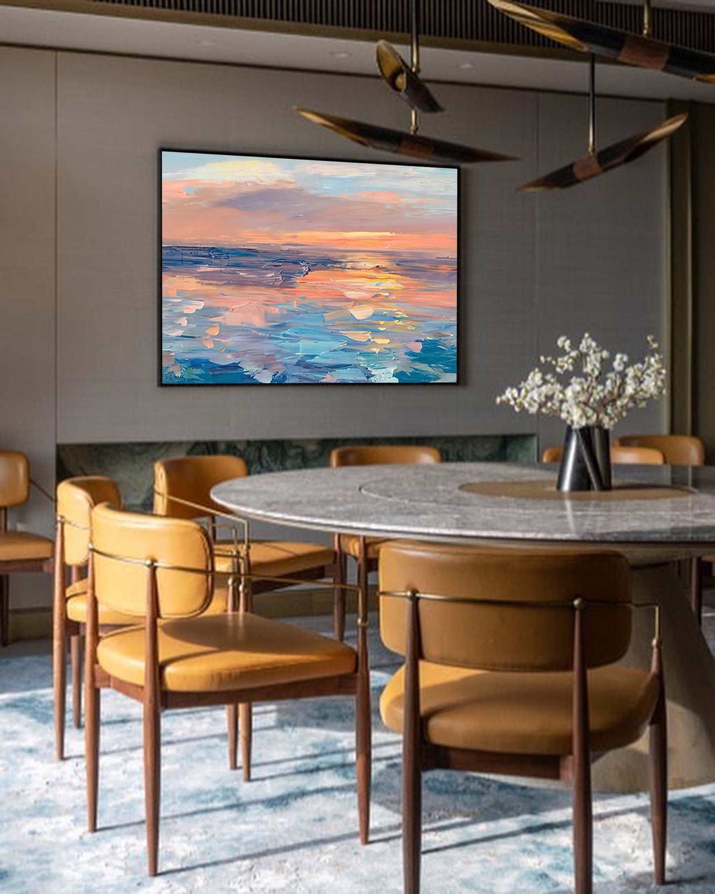 Serene Ocean Sunset Oil Painting for Coastal Home Decor