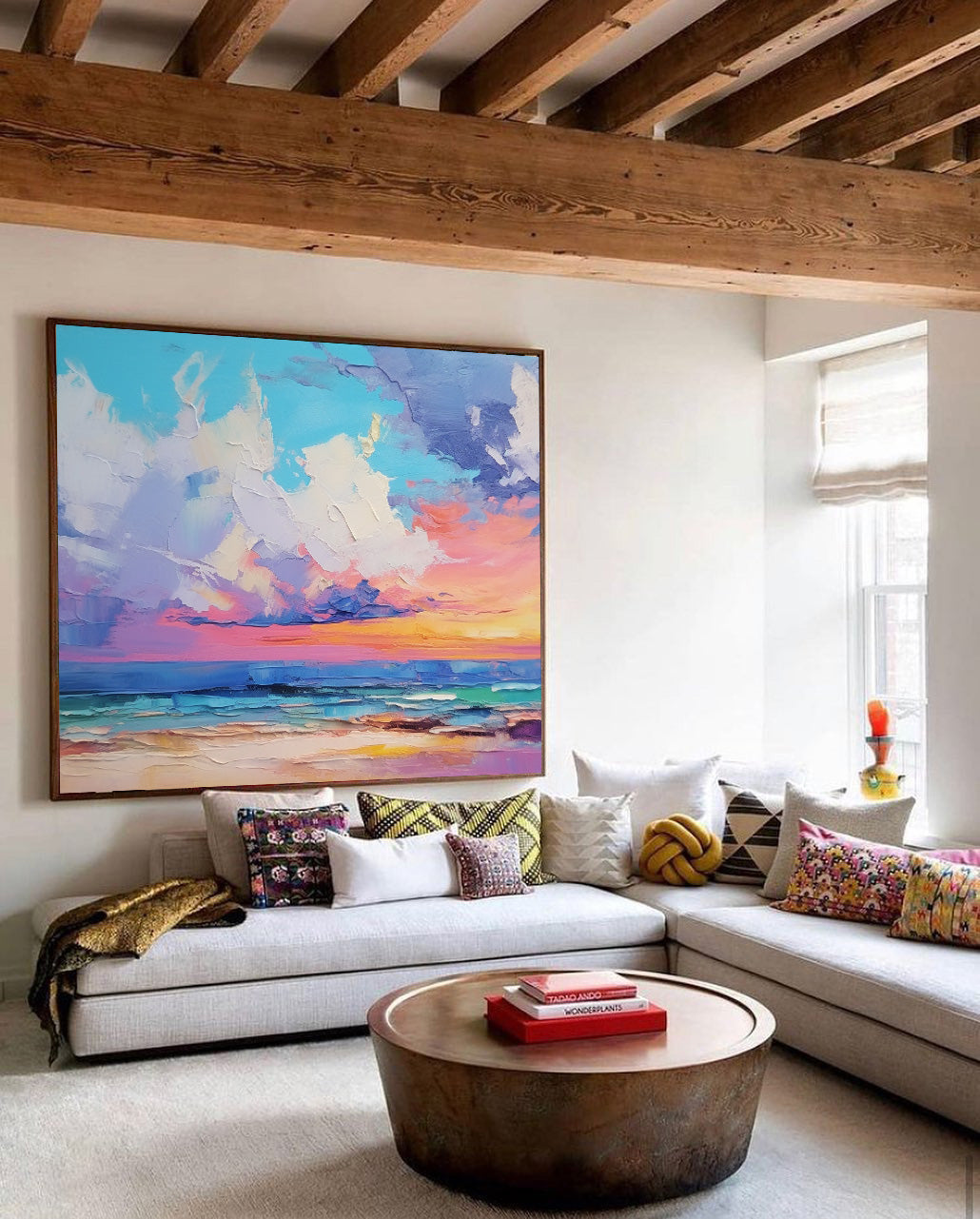 Vibrant Coastal Sunset Oil Painting for Home Decor
