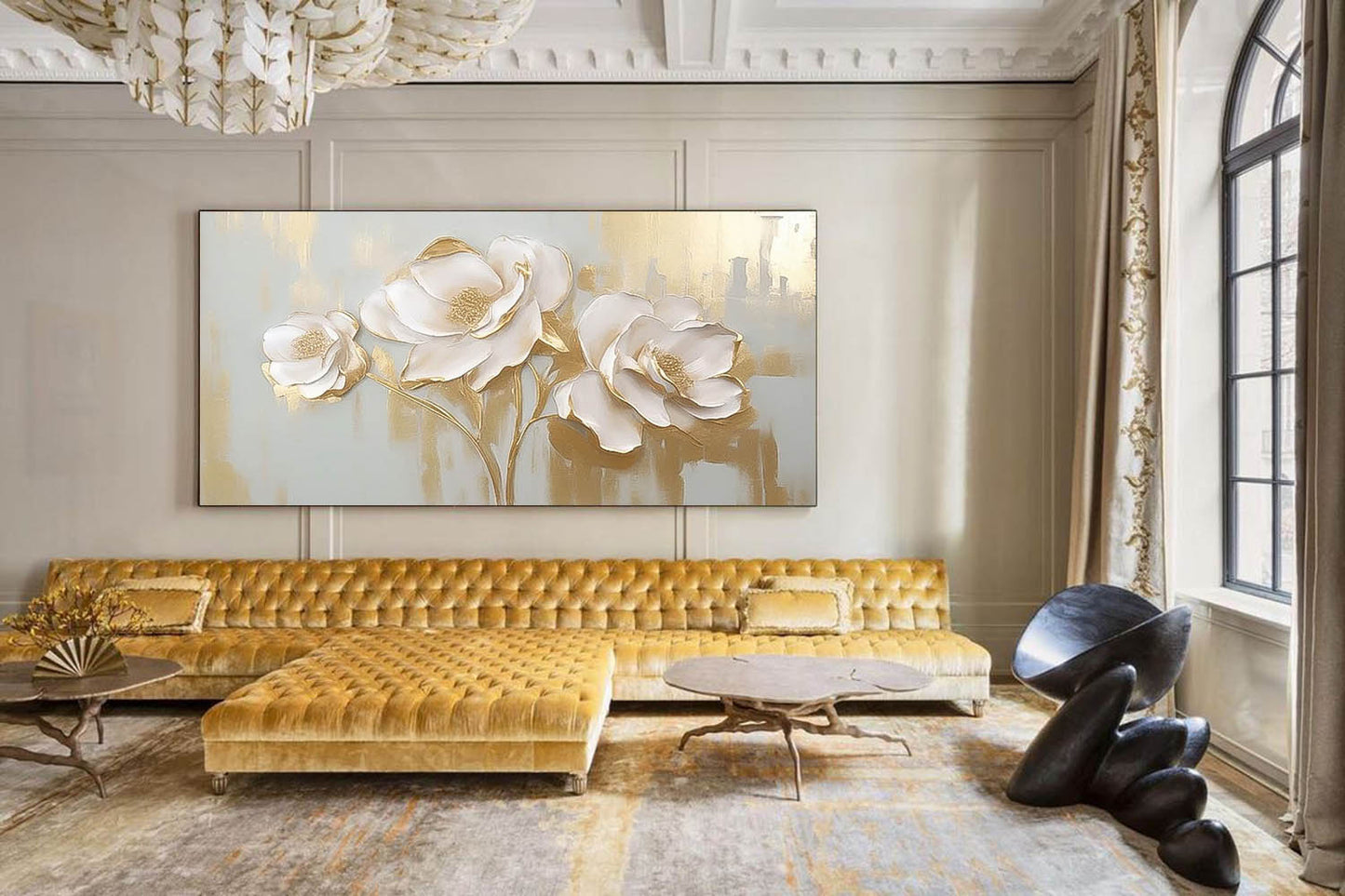 Elegant White Floral Oil Painting on Canvas with Gold Accents for Home Decor