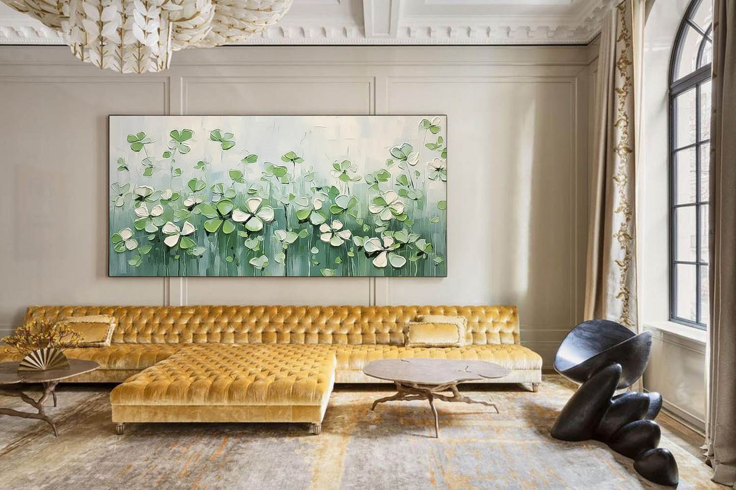 Delicate Green Flower Field Oil Painting for Home Decor