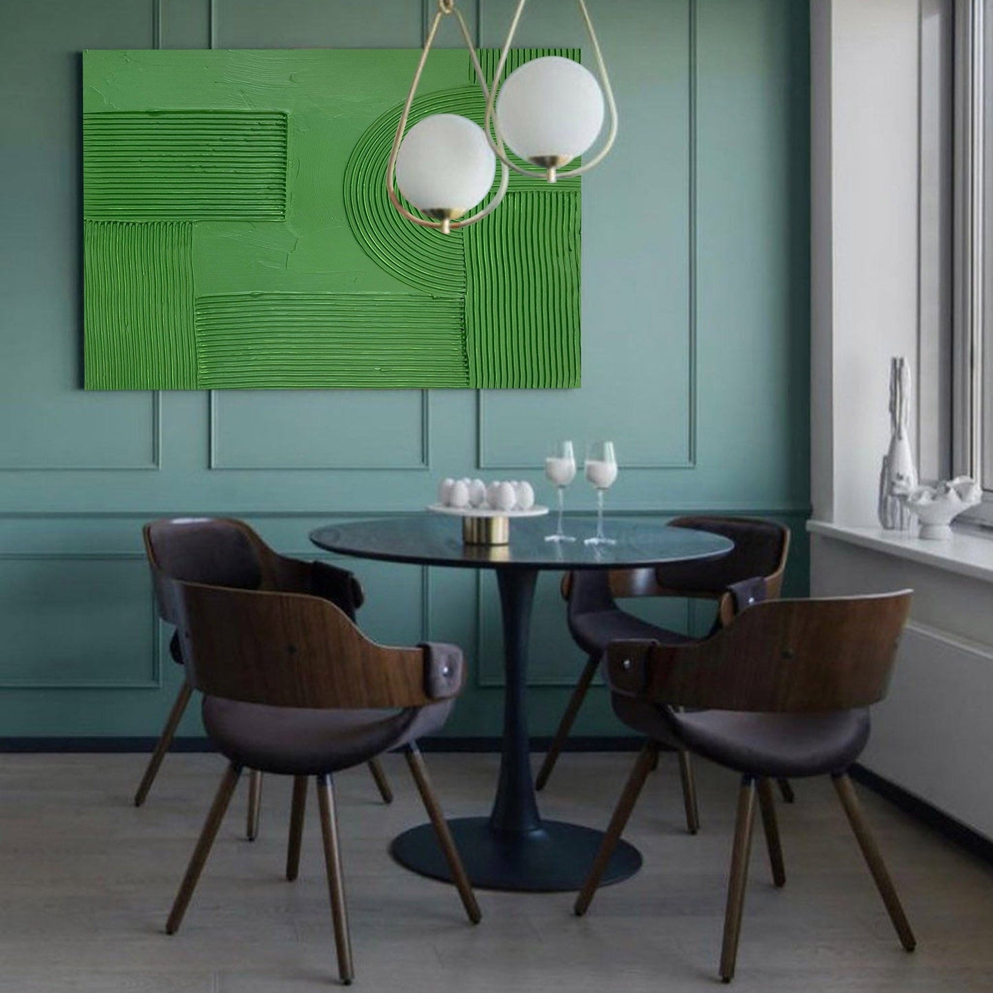 Abstract Green Oil Painting with Textured Minimalist Design for Modern Decor