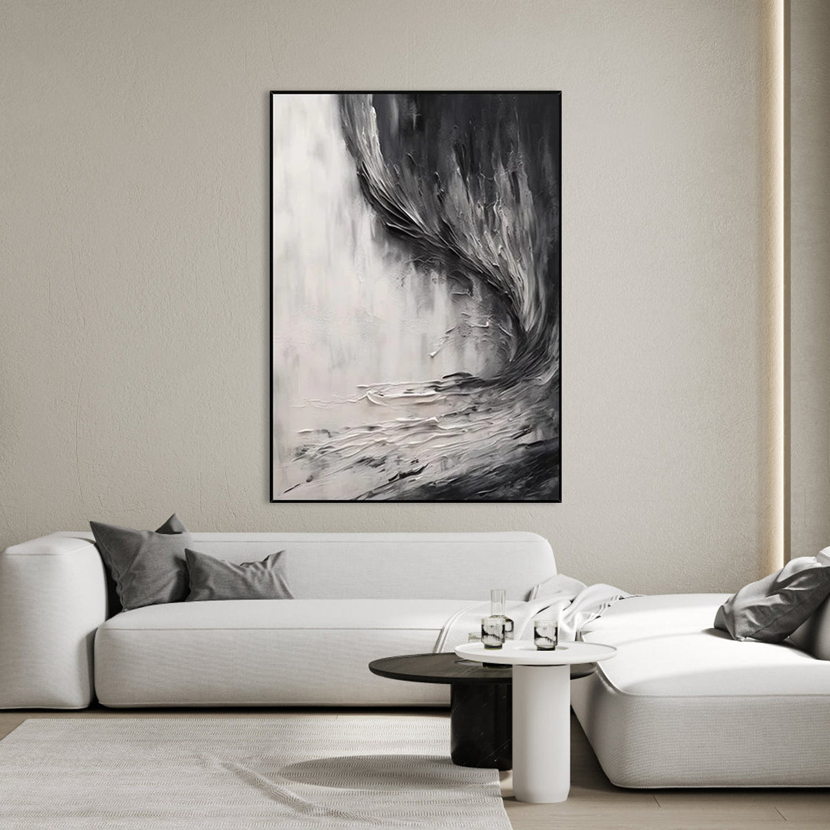 Emotive Abstract Waves in Charcoal and White Oil Painting for Modern Decor