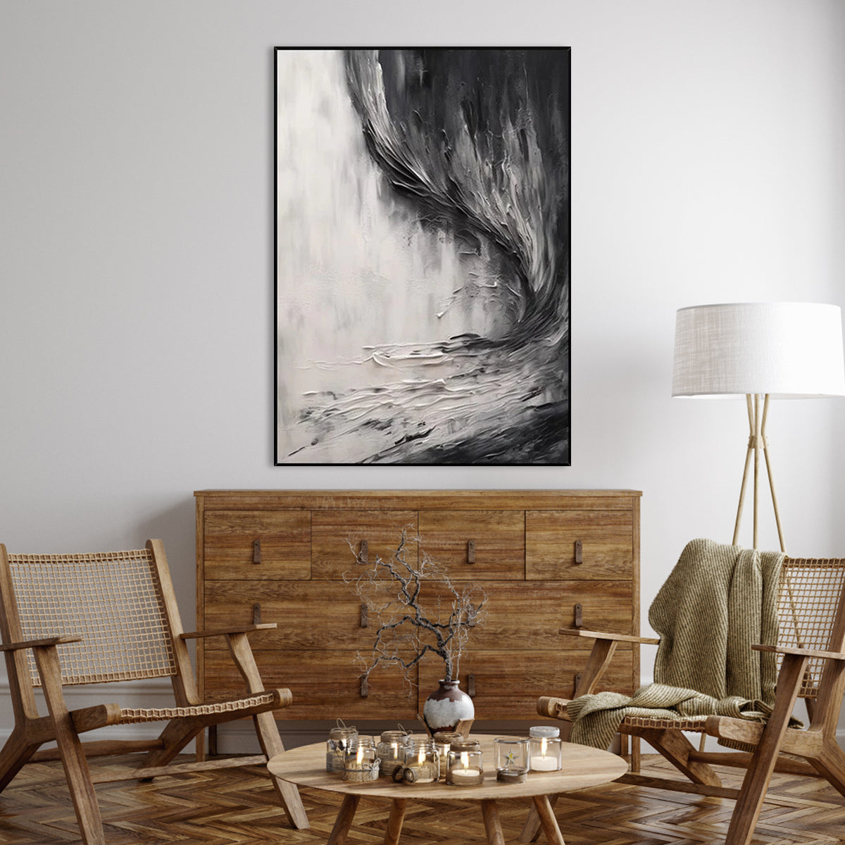Emotive Abstract Waves in Charcoal and White Oil Painting for Modern Decor