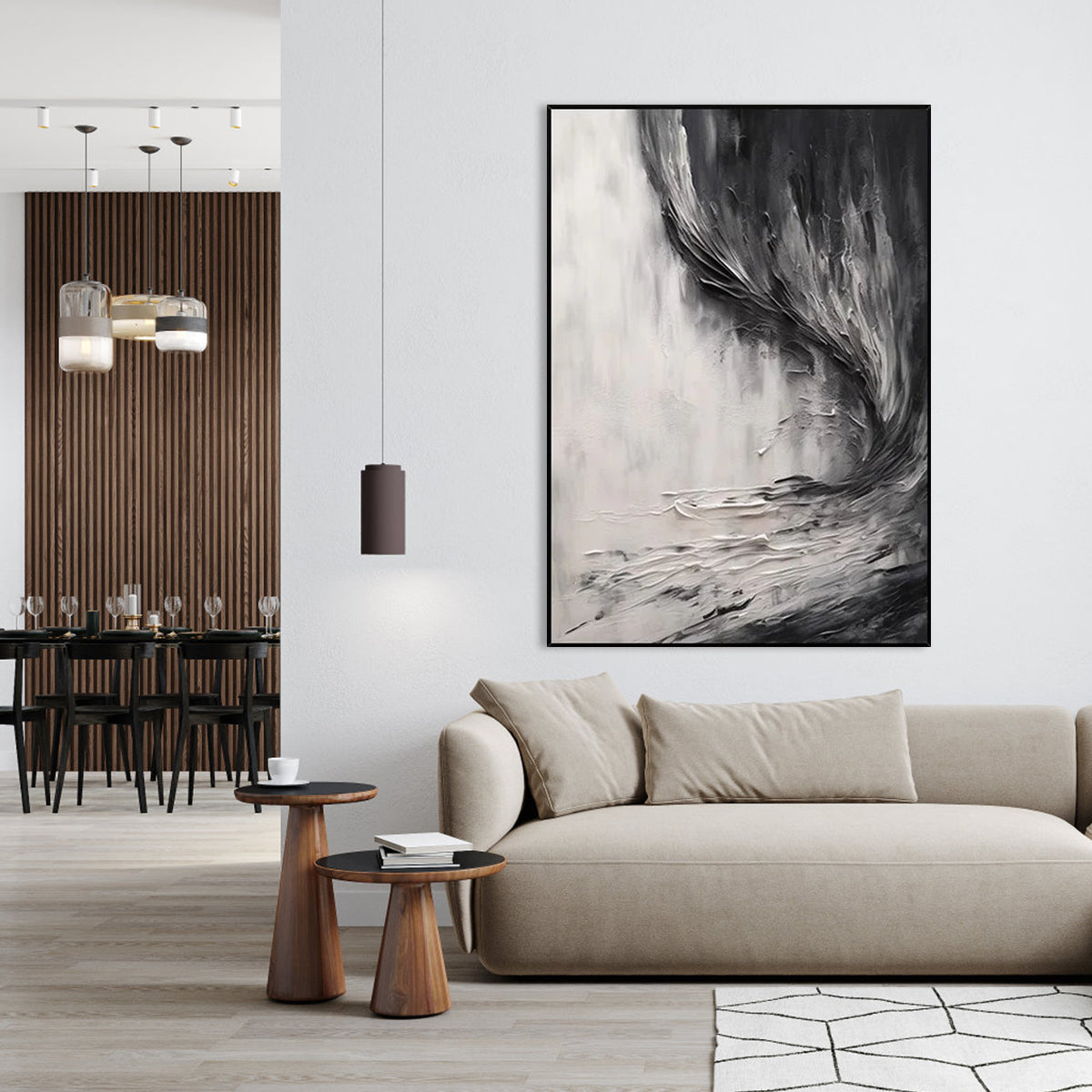 Emotive Abstract Waves in Charcoal and White Oil Painting for Modern Decor